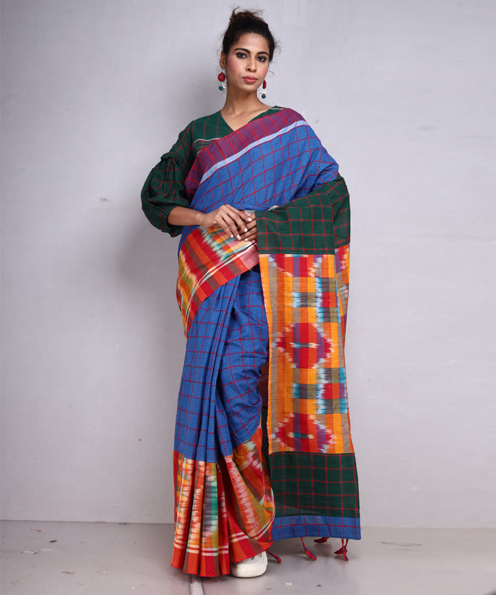 Navy blue multicolour cotton handloom gamcha saree