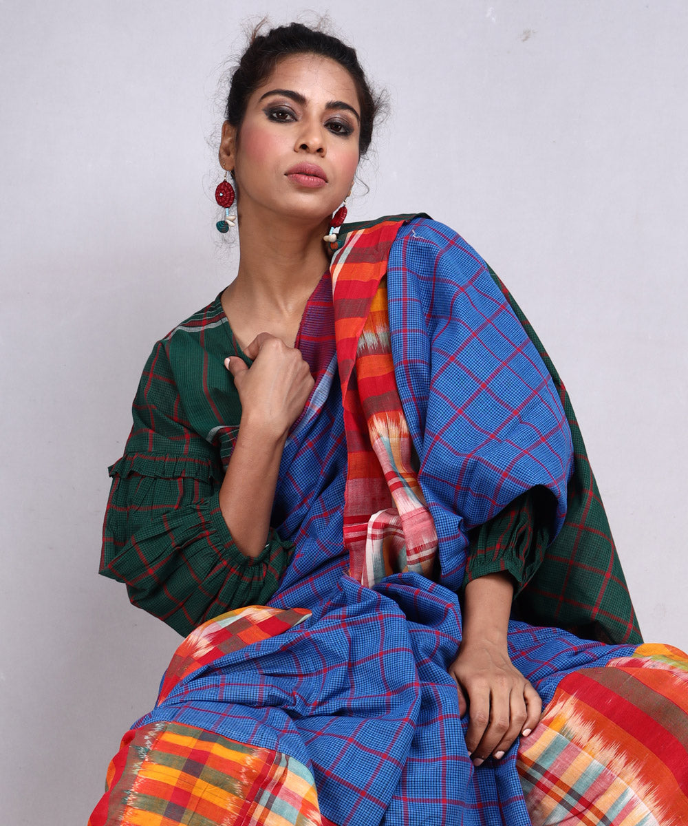 Navy blue multicolour cotton handloom gamcha saree