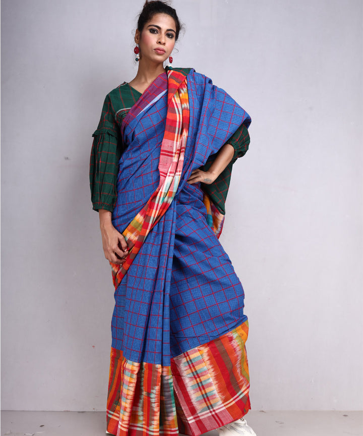 Navy blue multicolour cotton handloom gamcha saree