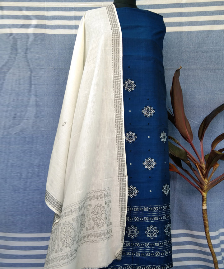 Navy blue white handwoven cotton bomkai dress material