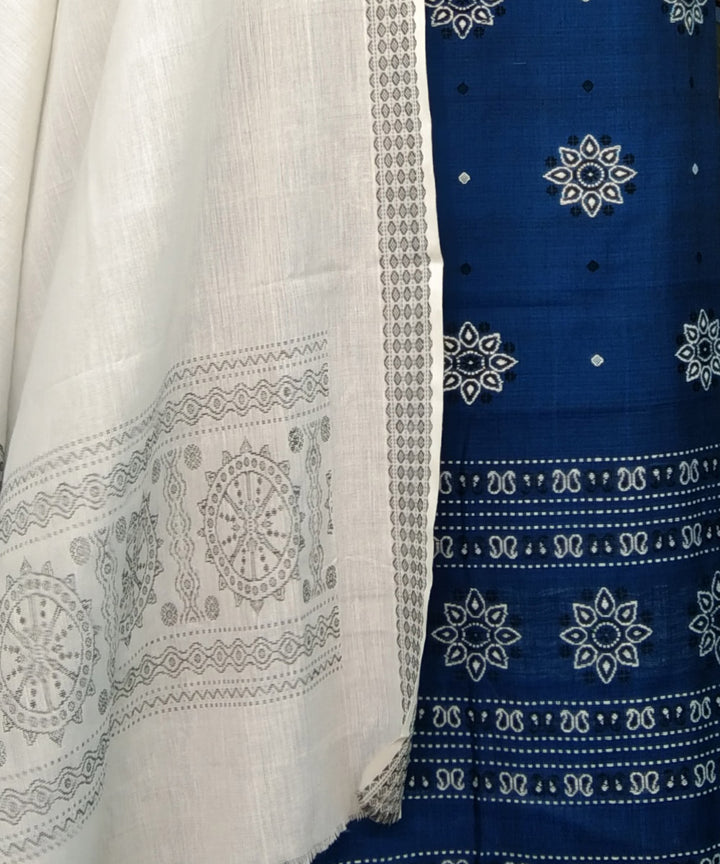 Navy blue white handwoven cotton bomkai dress material