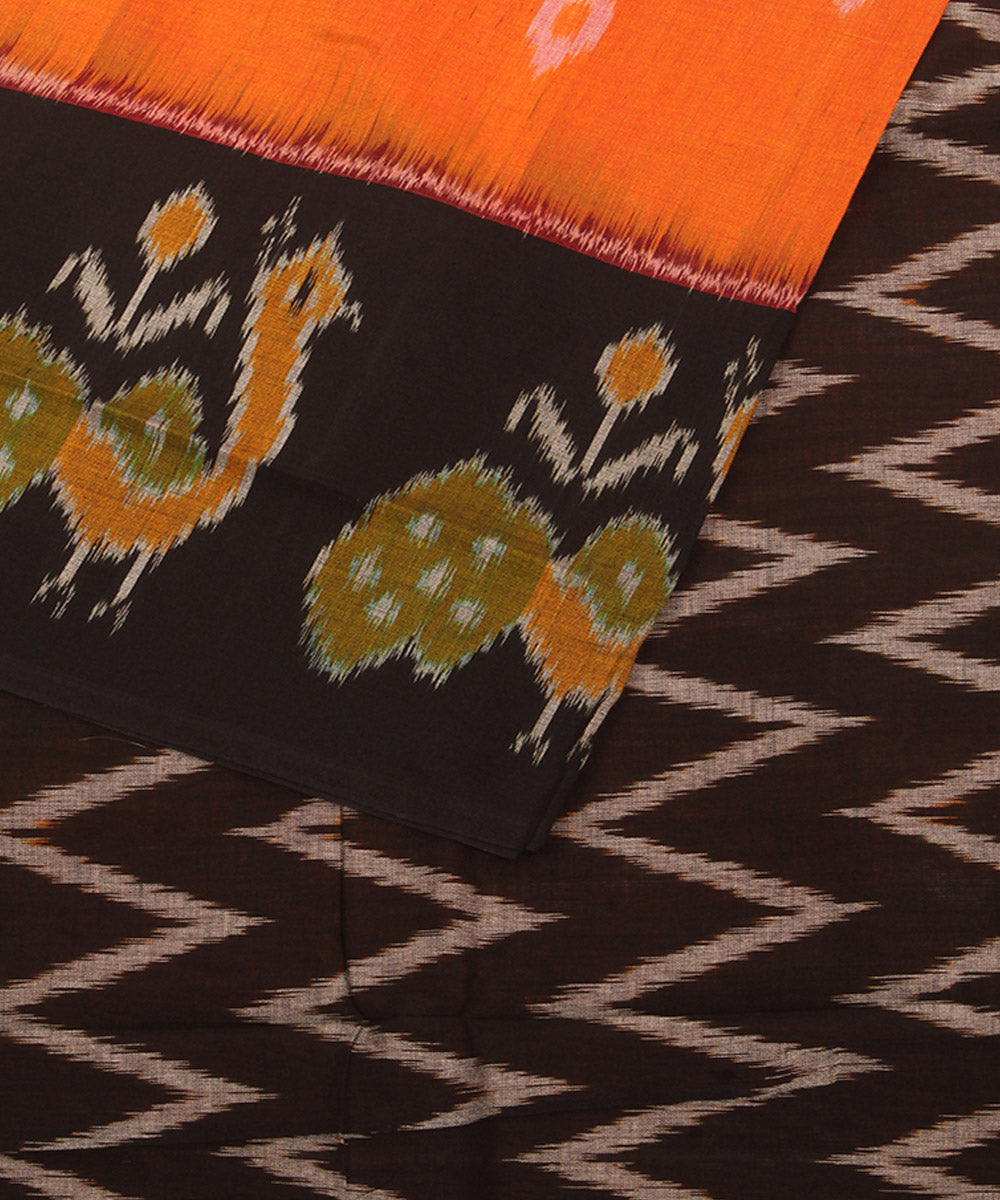 Orange black pochampally ikat cotton handloom saree