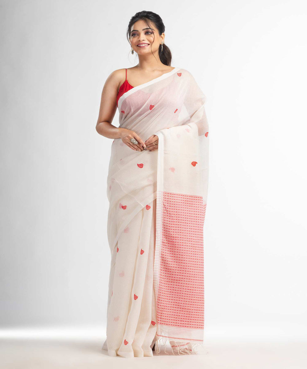 White red handwoven bengal cotton silk saree