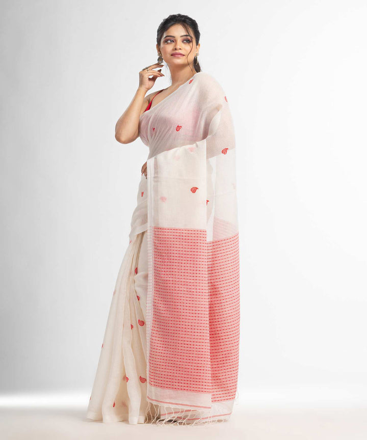 White red handwoven bengal cotton silk saree