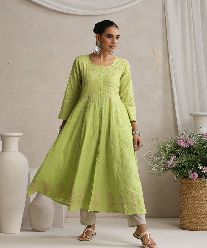 Light Green  Hand Embroidered   Chikankari  Cotton Kurti