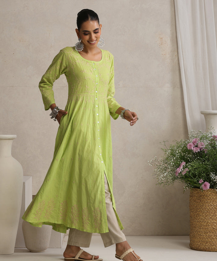 Light Green  Hand Embroidered   Chikankari  Cotton Kurti