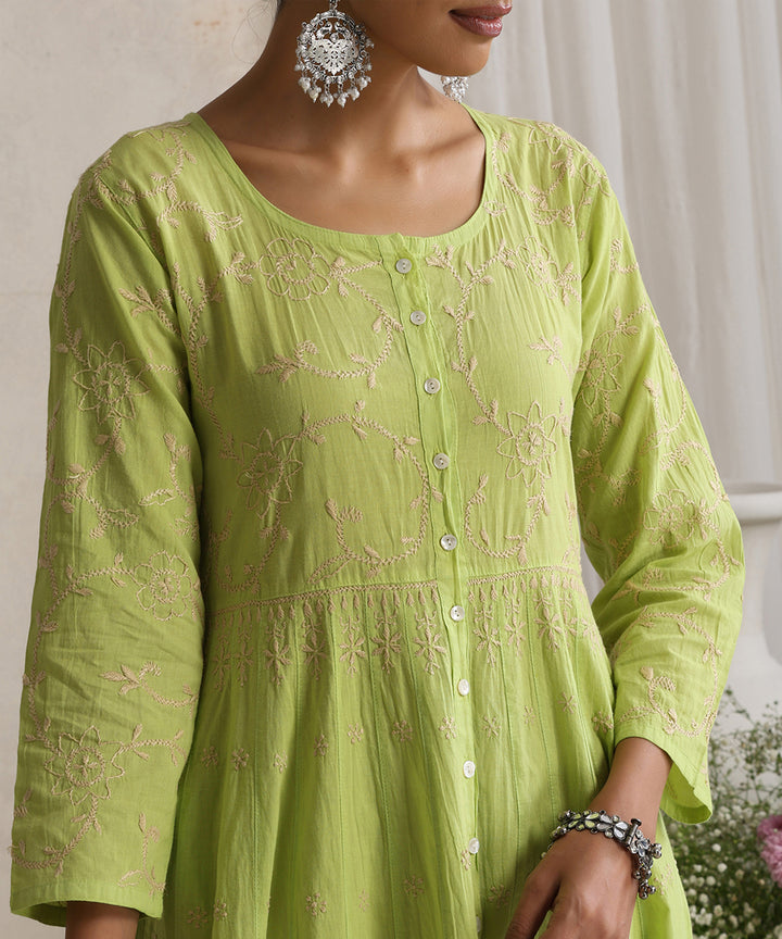 Light Green  Hand Embroidered   Chikankari  Cotton Kurti