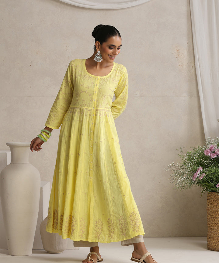 Yellow  Hand Embroidered   Chikankari  Cotton Kurti
