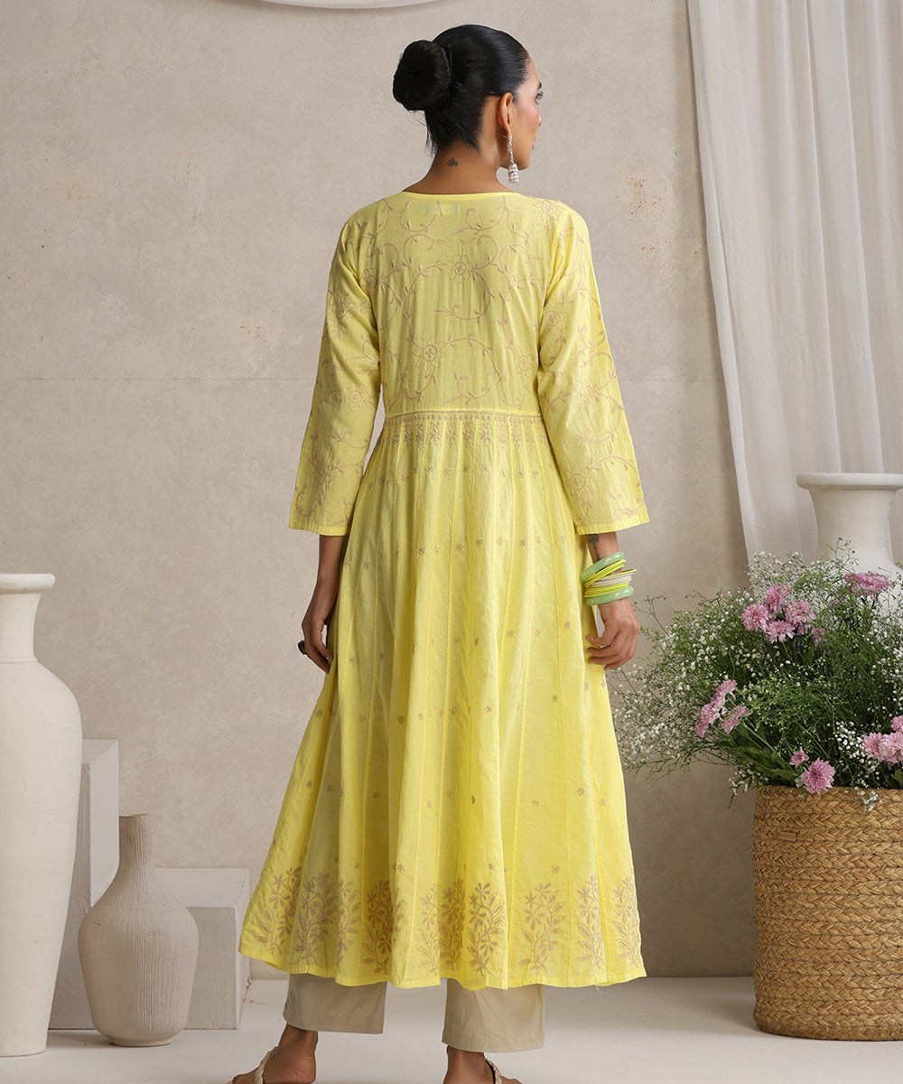 Yellow  Hand Embroidered   Chikankari  Cotton Kurti
