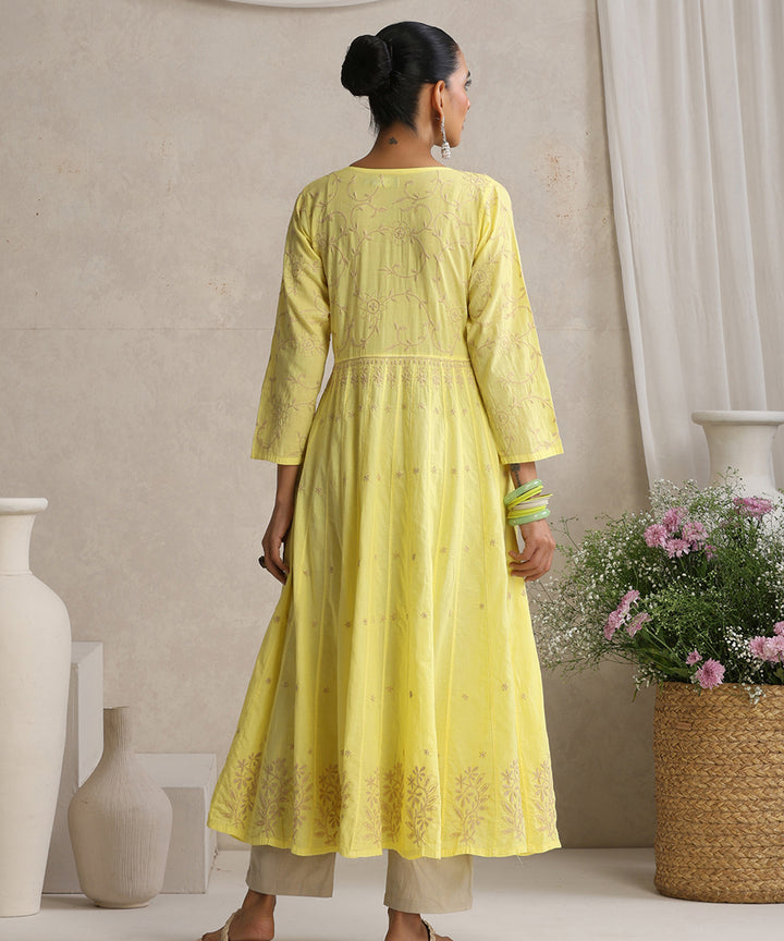 Yellow  Hand Embroidered   Chikankari  Cotton Kurti