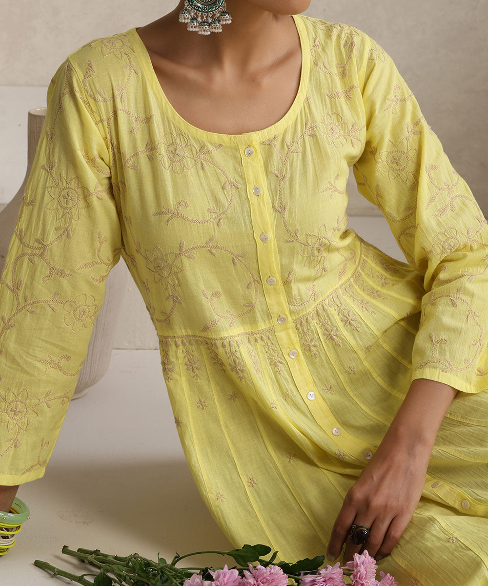 Yellow  Hand Embroidered   Chikankari  Cotton Kurti