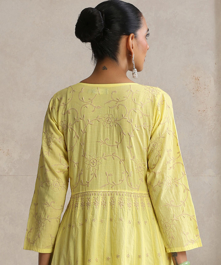 Yellow  Hand Embroidered   Chikankari  Cotton Kurti