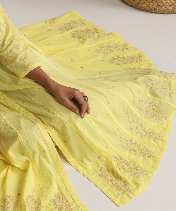 Yellow  Hand Embroidered   Chikankari  Cotton Kurti