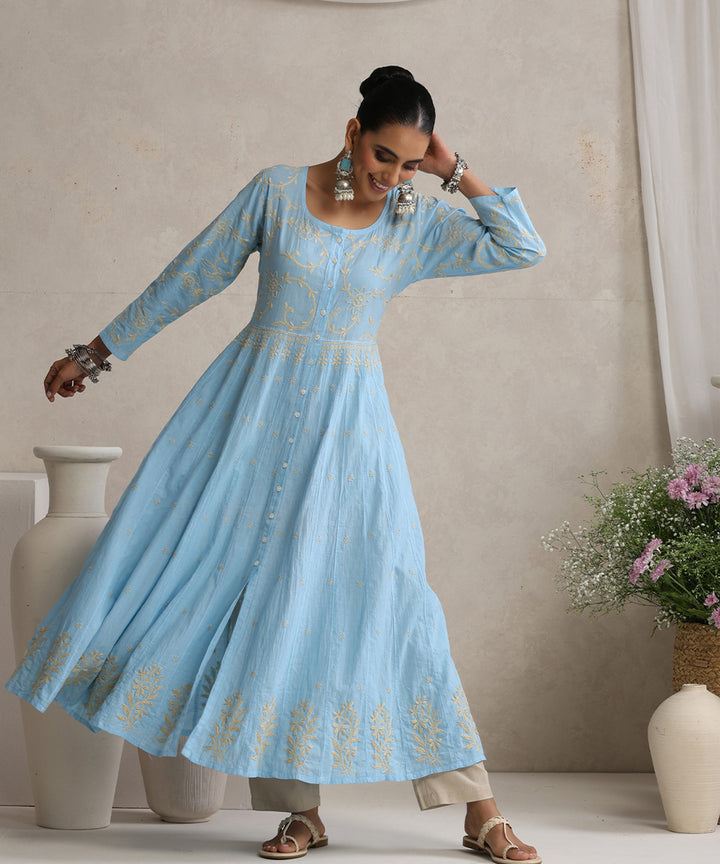 Sky blue  Hand Embroidered   Chikankari  Cotton Kurti