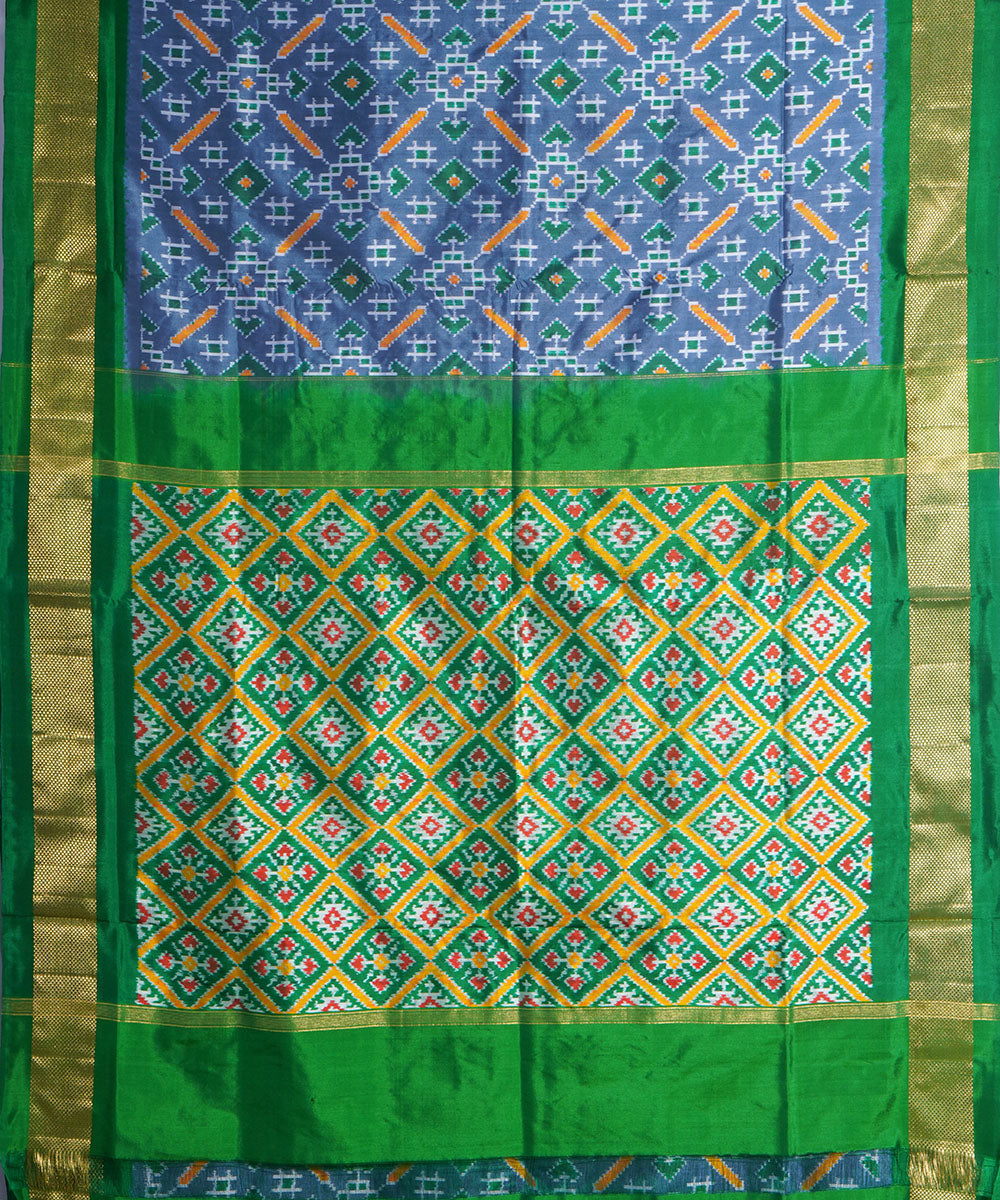 Grey green handwoven pochampally ikat silk saree