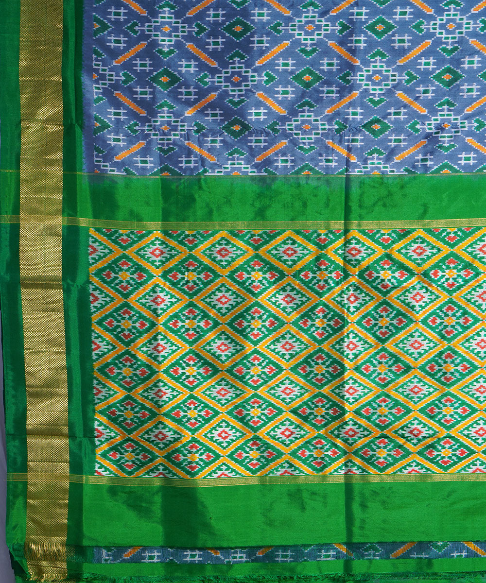 Grey green handwoven pochampally ikat silk saree