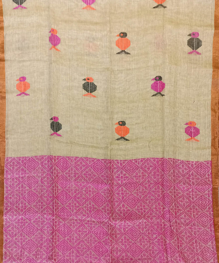 Cream pink linen handloom bengal saree