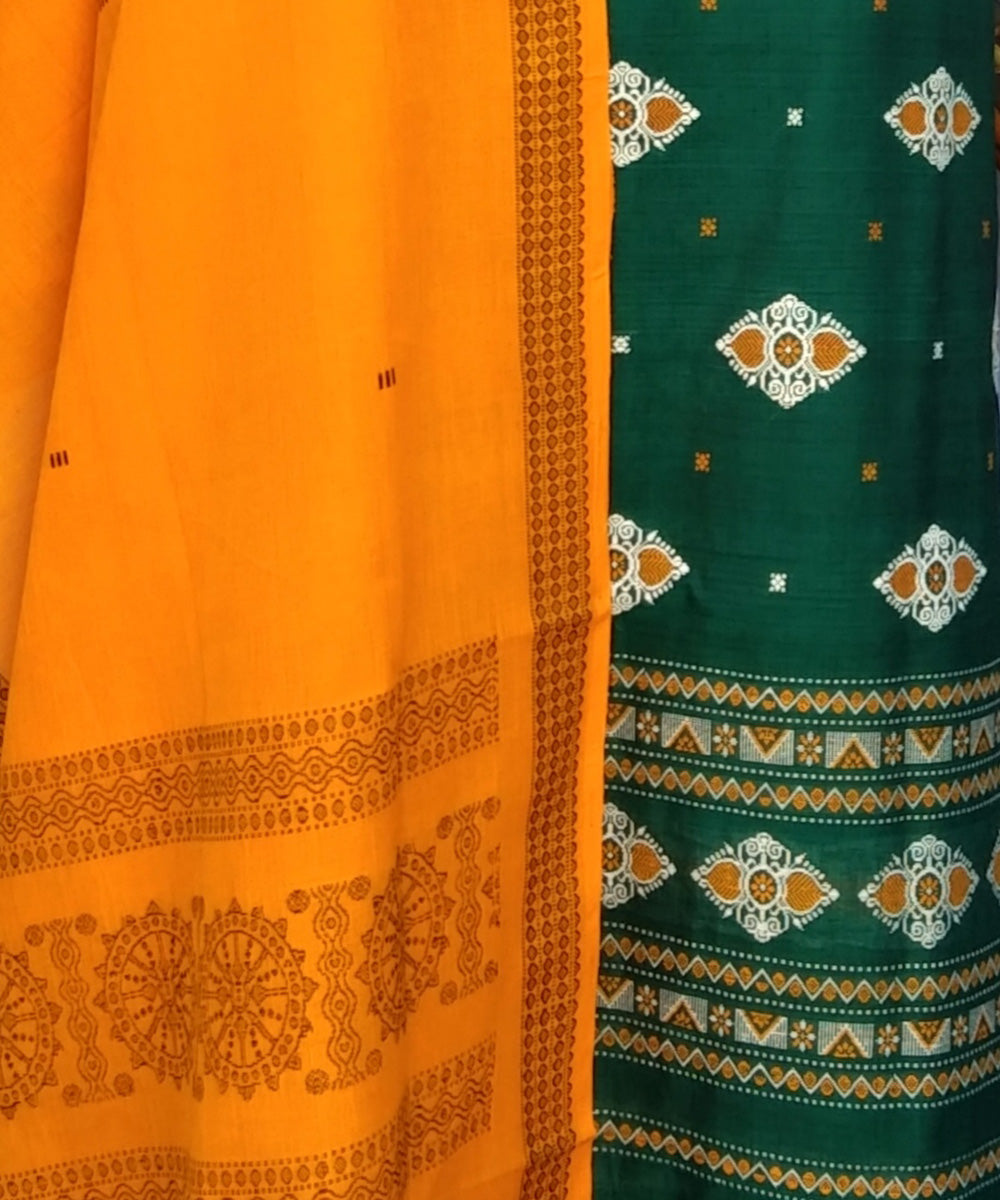 Dark green yellow handwoven bomkai cotton dress material