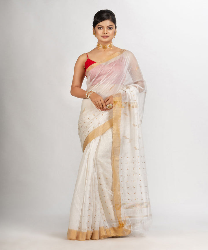 White cotton silk handwoven sequin bengal saree