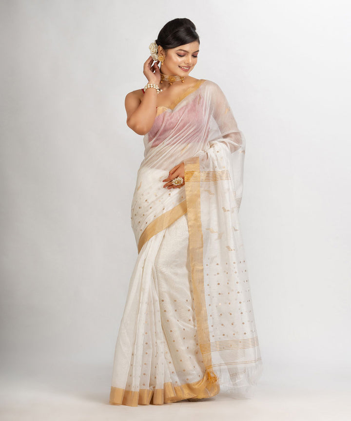 White cotton silk handwoven sequin bengal saree