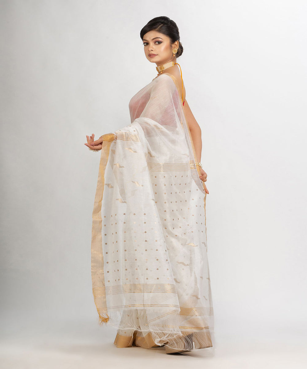 White cotton silk handwoven sequin bengal saree