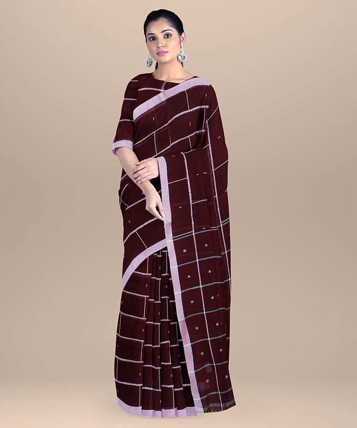 Maroon offwhite checked handloom cotton bengal saree