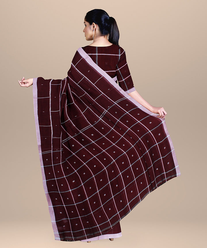 Maroon offwhite checked handloom cotton bengal saree