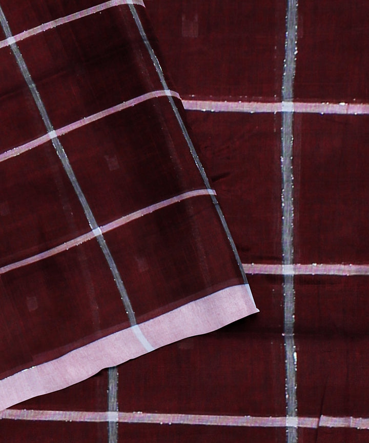 Maroon offwhite checked handloom cotton bengal saree