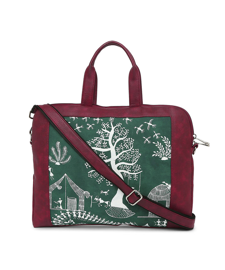 Maroon leather hand painted warli laptop bag