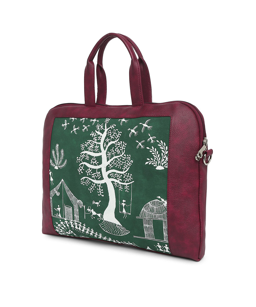 Maroon leather hand painted warli laptop bag