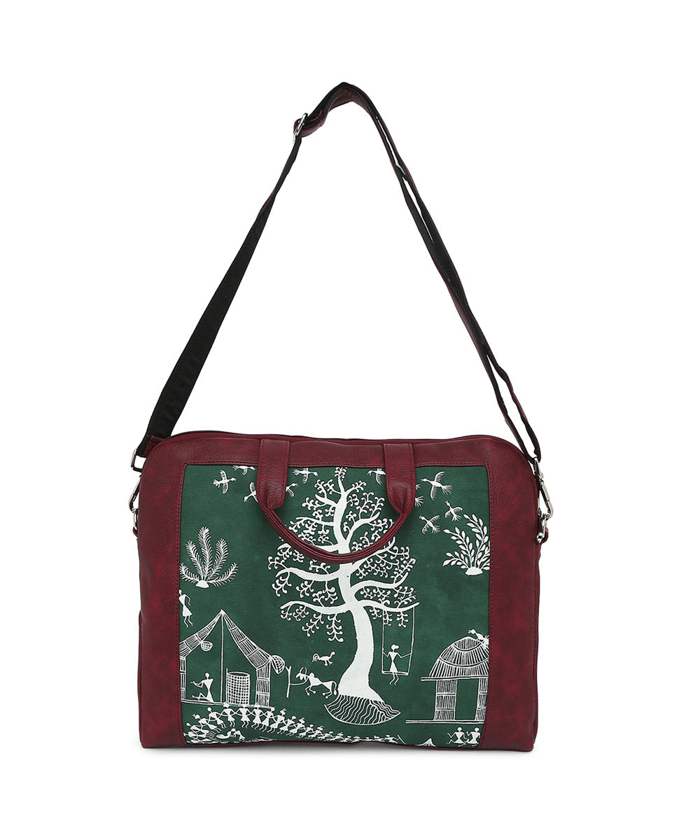 Maroon leather hand painted warli laptop bag