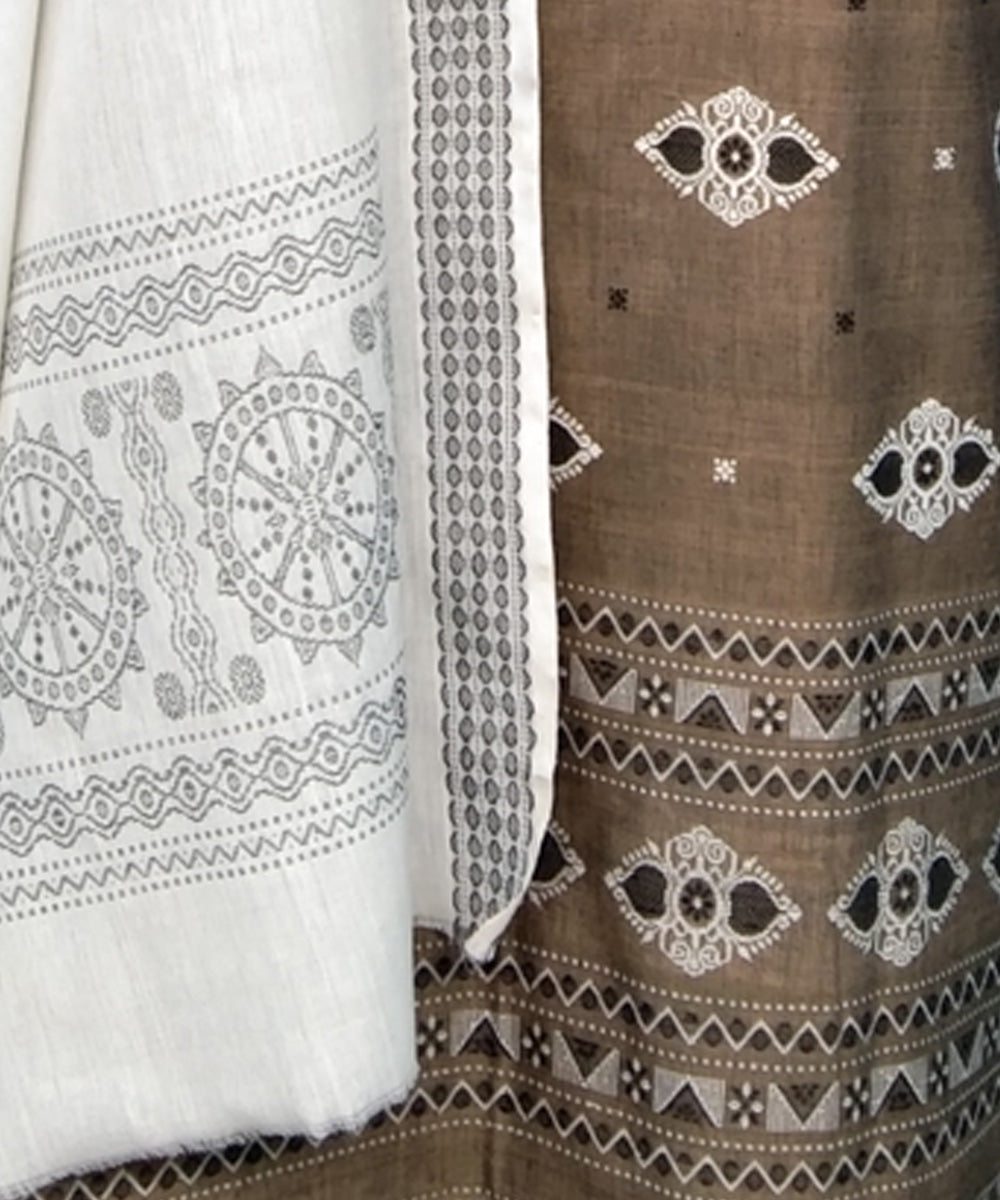 Beige white handwoven cotton bomkai dress material