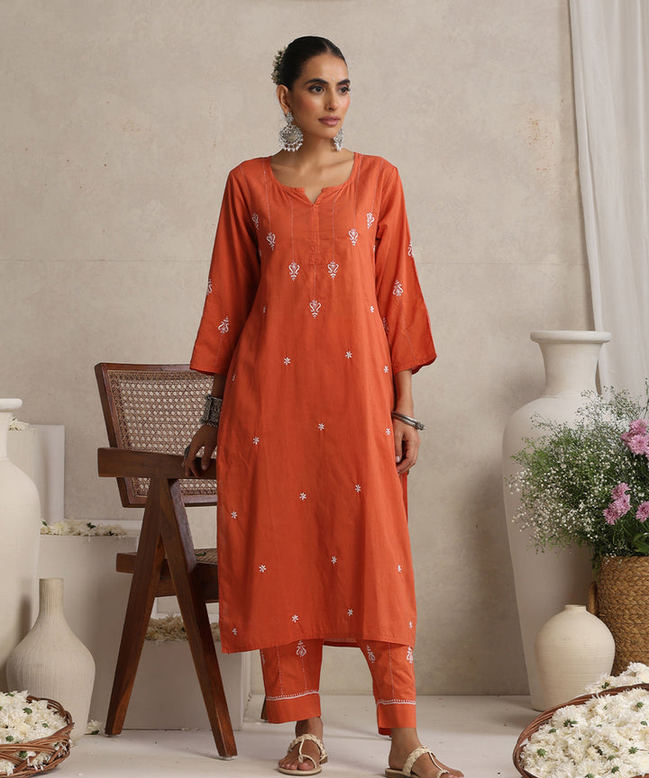 Rust Orange  Hand Embroidered   Chikankari  Cotton Kurta Set