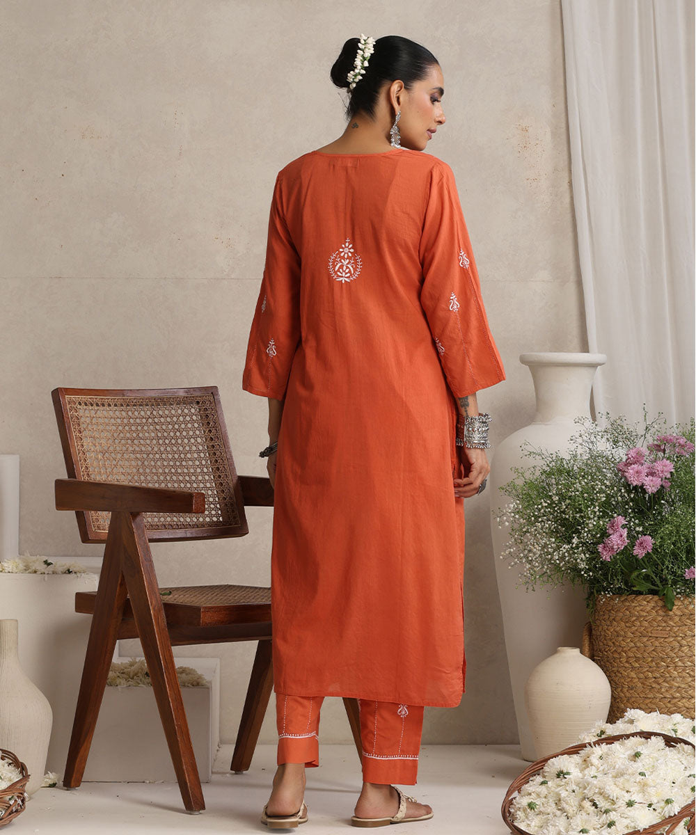 Rust Orange  Hand Embroidered   Chikankari  Cotton Kurta Set