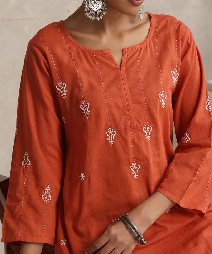 Rust Orange  Hand Embroidered   Chikankari  Cotton Kurta Set