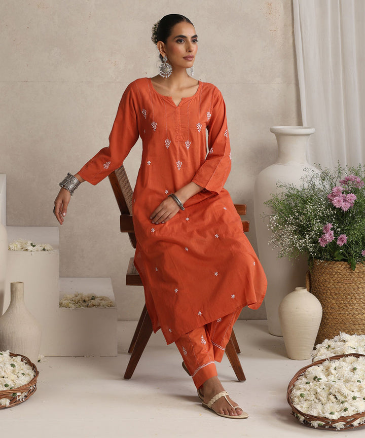 Rust Orange  Hand Embroidered   Chikankari  Cotton Kurta Set
