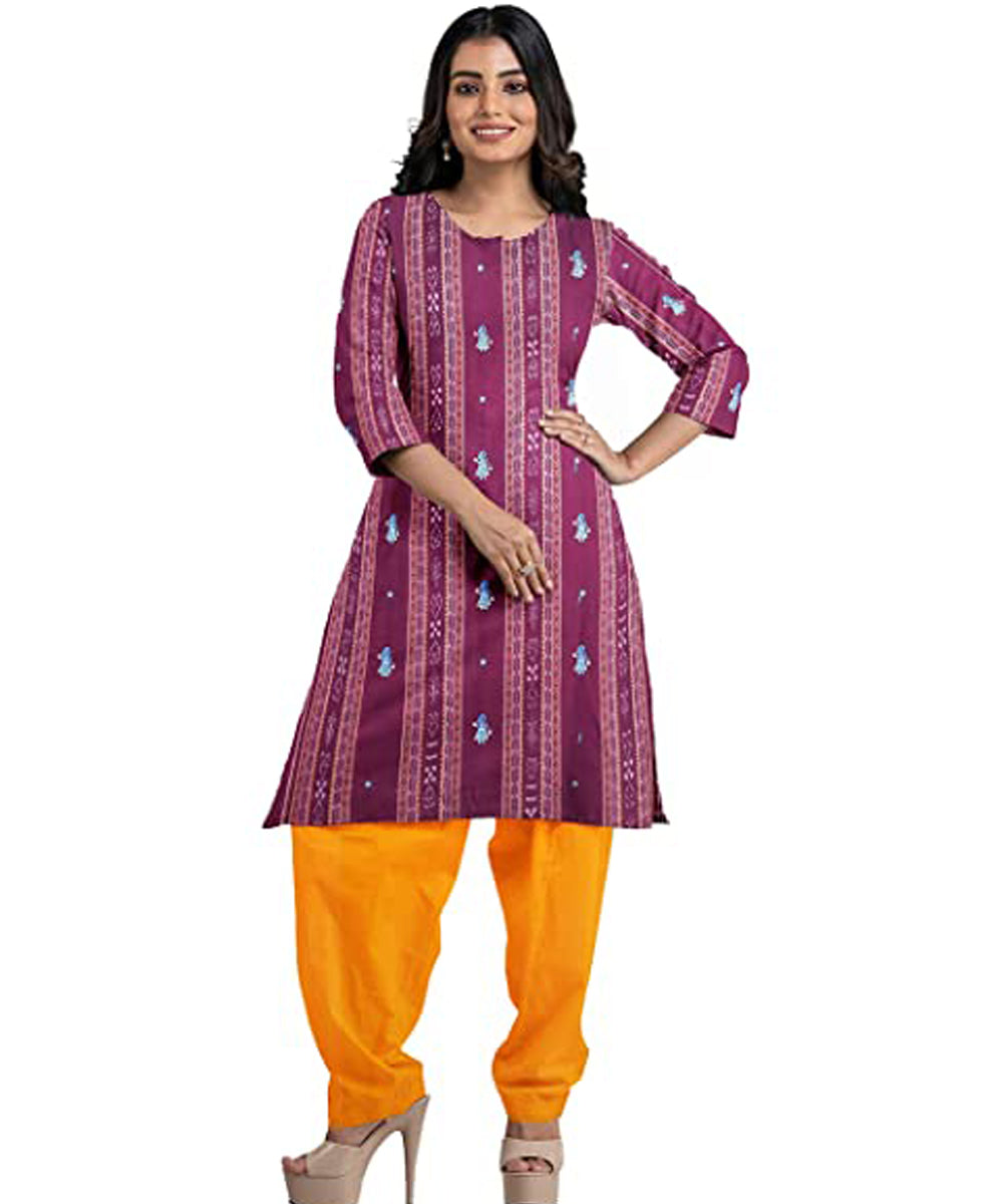 Purple yellow handwoven cotton nuapatna dress material