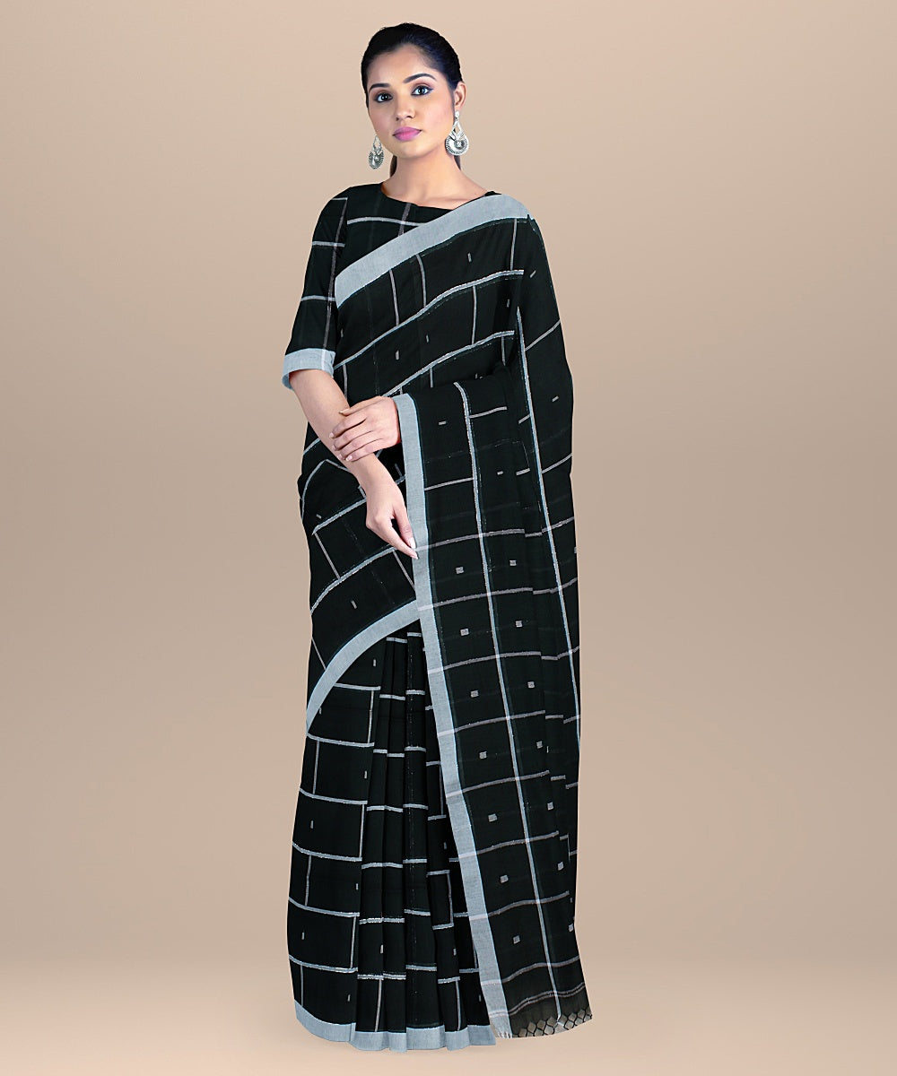 Dark green offwhite checked handloom cotton bengal saree