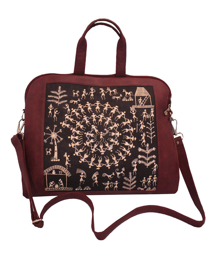 Brown black leather hand painted warli laptop bag