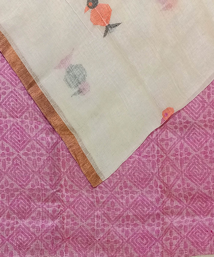 Beige pink linen handloom bengal saree