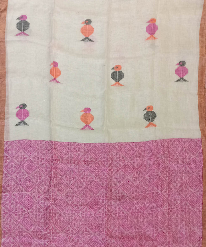 Beige pink linen handloom bengal saree