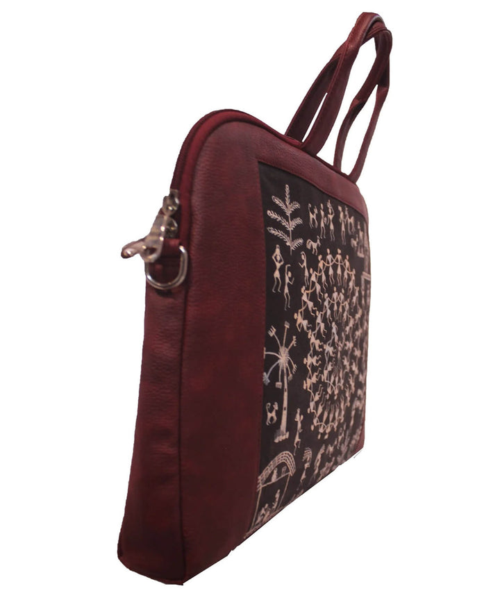 Brown black leather hand painted warli laptop bag