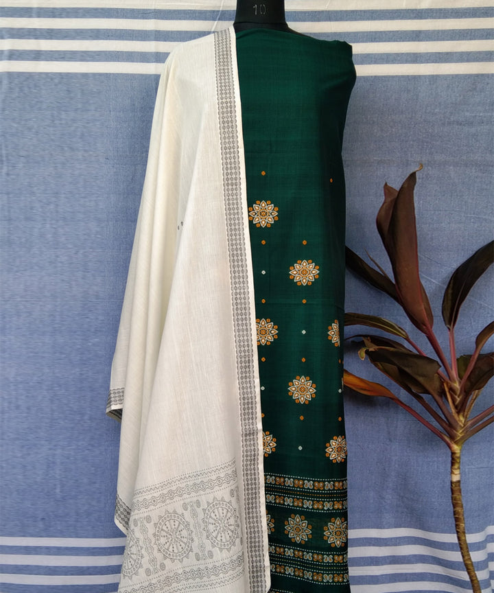 Dark green white handwoven cotton bomkai dress material