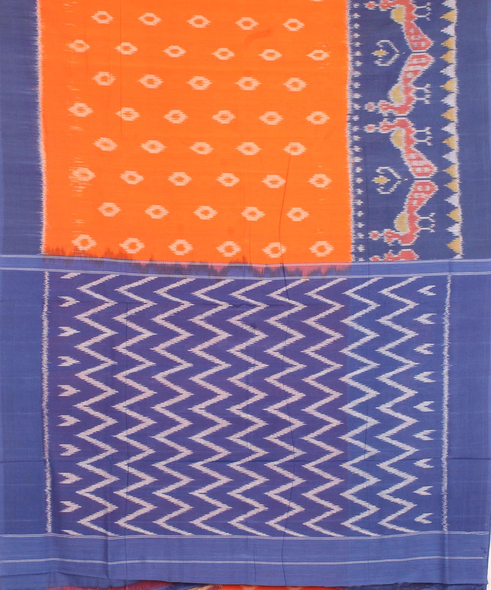 Orange blue pochampally ikat cotton handloom saree