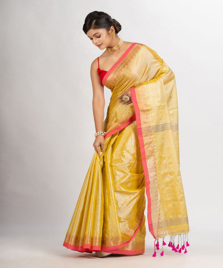 Yellow pink handloom cotton tissue with jacquard border bengal saree
