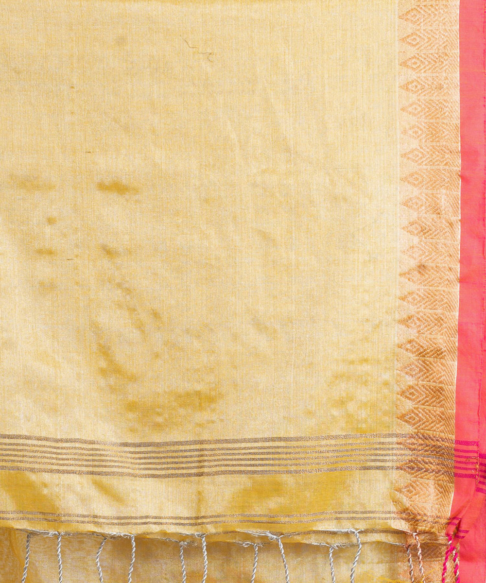 Yellow pink handloom cotton tissue with jacquard border bengal saree