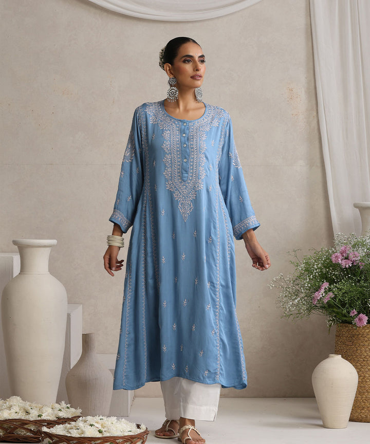 Sky blue  Hand Embroidered   Chikankari  Cotton Kurti