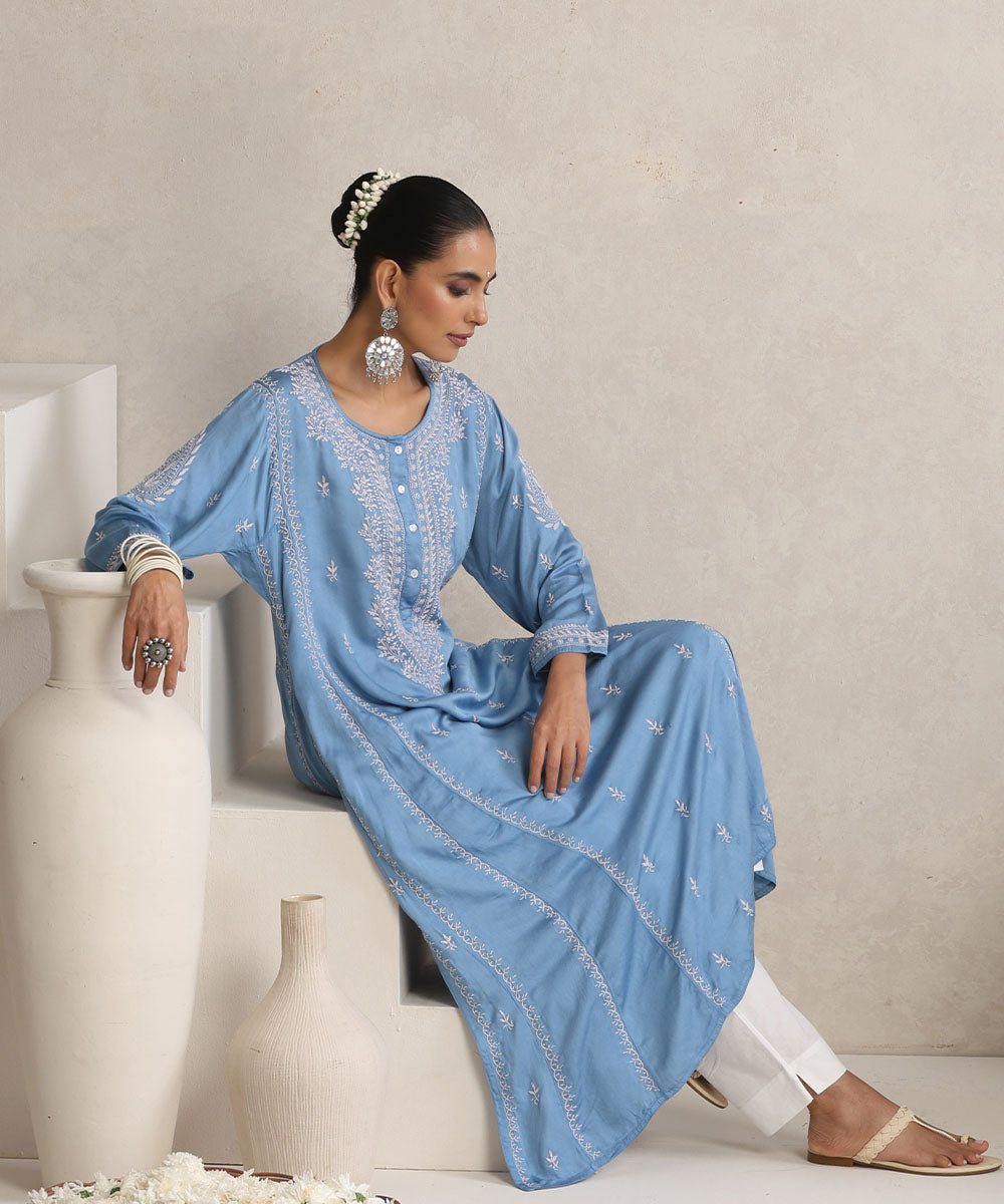 Sky blue  Hand Embroidered   Chikankari  Cotton Kurti