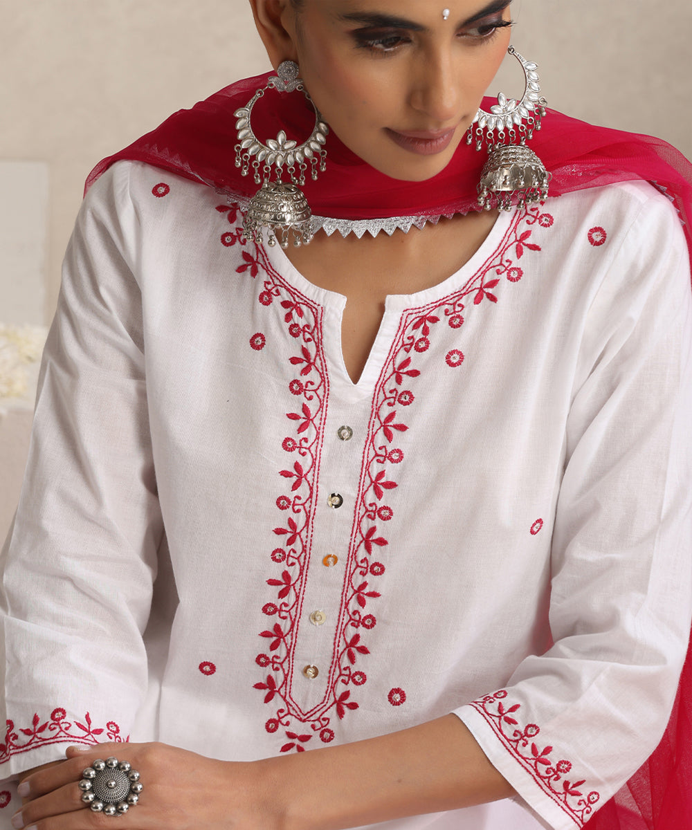 White  Hand Embroidered   Chikankari  Cotton Kurta Set