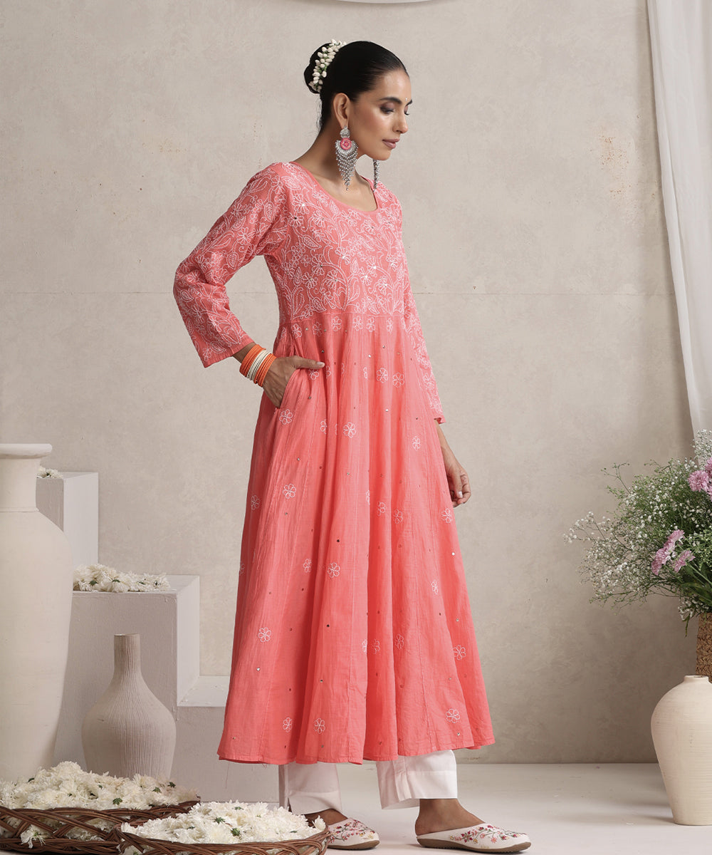 Pink  Hand Embroidered   Chikankari  Cotton Kurti